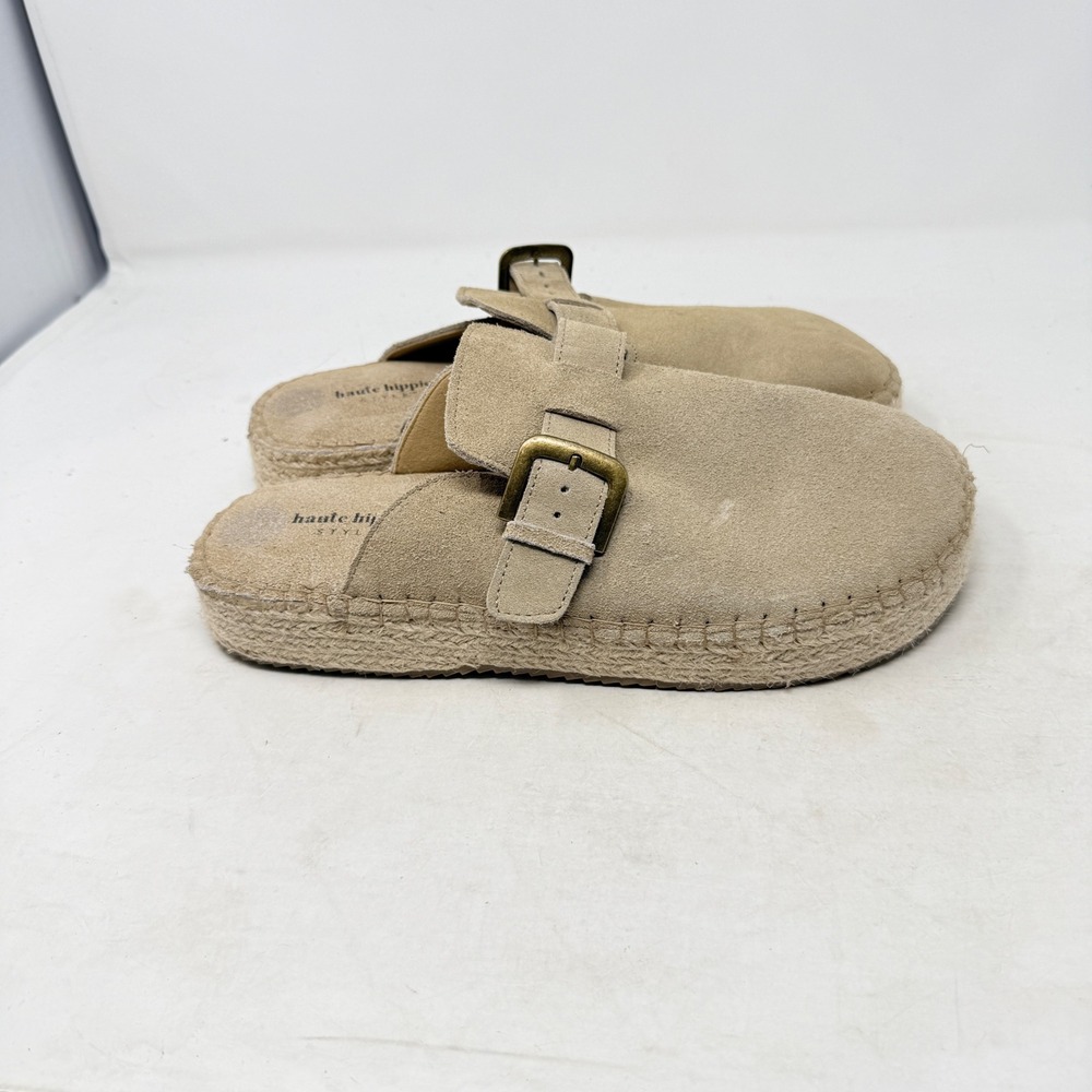Haute Hippie Style Suede Espadrille Mules Tan 10M Buckle Platform Clogs Boho - Picture 2 of 7